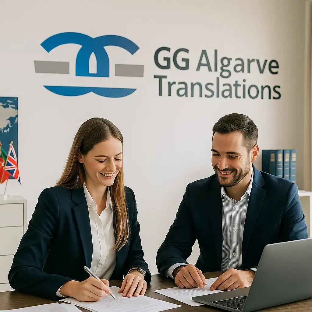 Tradutores nativos certificados da GG Algarve Translations trabalhando num escritório moderno no Algarve, Portugal. Orçamento de Tradução Profissional no Algarve