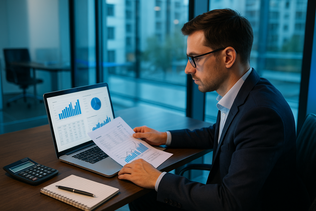 Tradutor profissional analisando relatórios financeiros e comerciais no Algarve