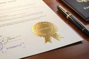 Documento oficial autenticado com a Apostila de Haia em cima de uma secretária. GG Algarve Translations