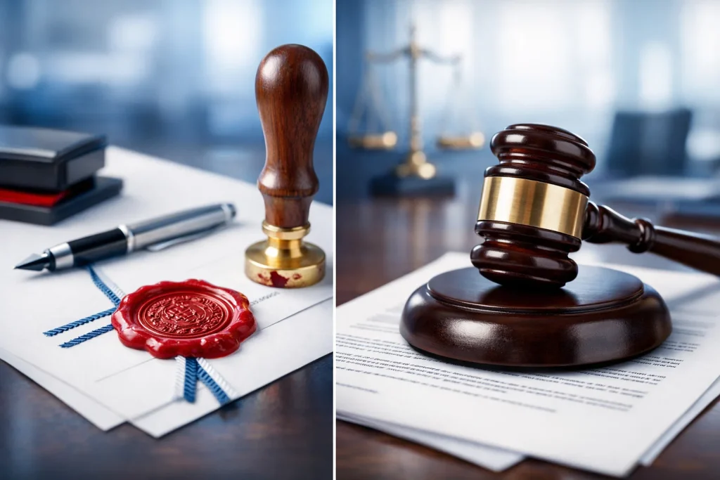 Comparação entre documentos de tradução certificada com carimbo e contrato de tradução jurídica em escritório