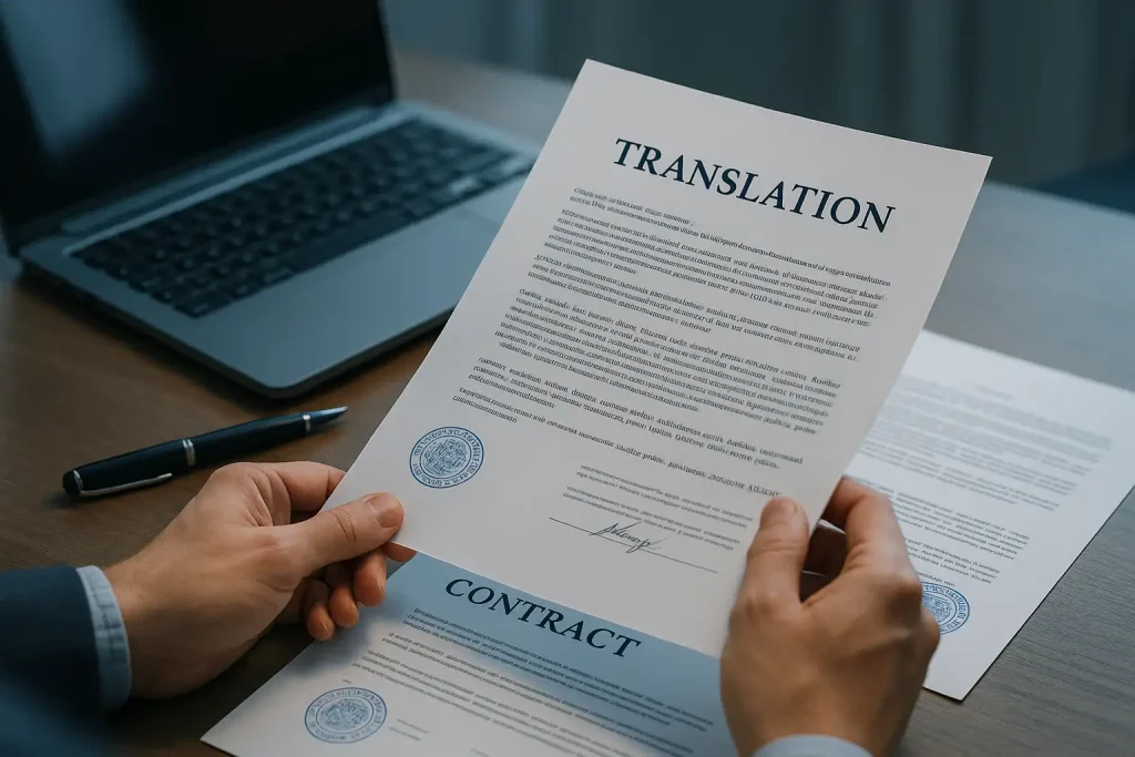 Profissionais de tradução empresarial a analisar documentos corporativos no Algarve, no serviço de Tradução para Empresas e Instituições