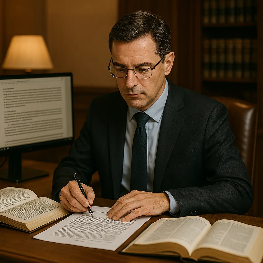 Tradutor jurídico especializado a trabalhar com contratos e documentos legais em escritório profissional no Algarve.