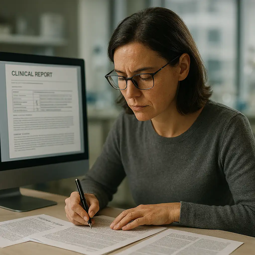 Tradutor profissional no Algarve a rever relatórios clínicos e artigos científicos no serviço de tradução médica e científica.