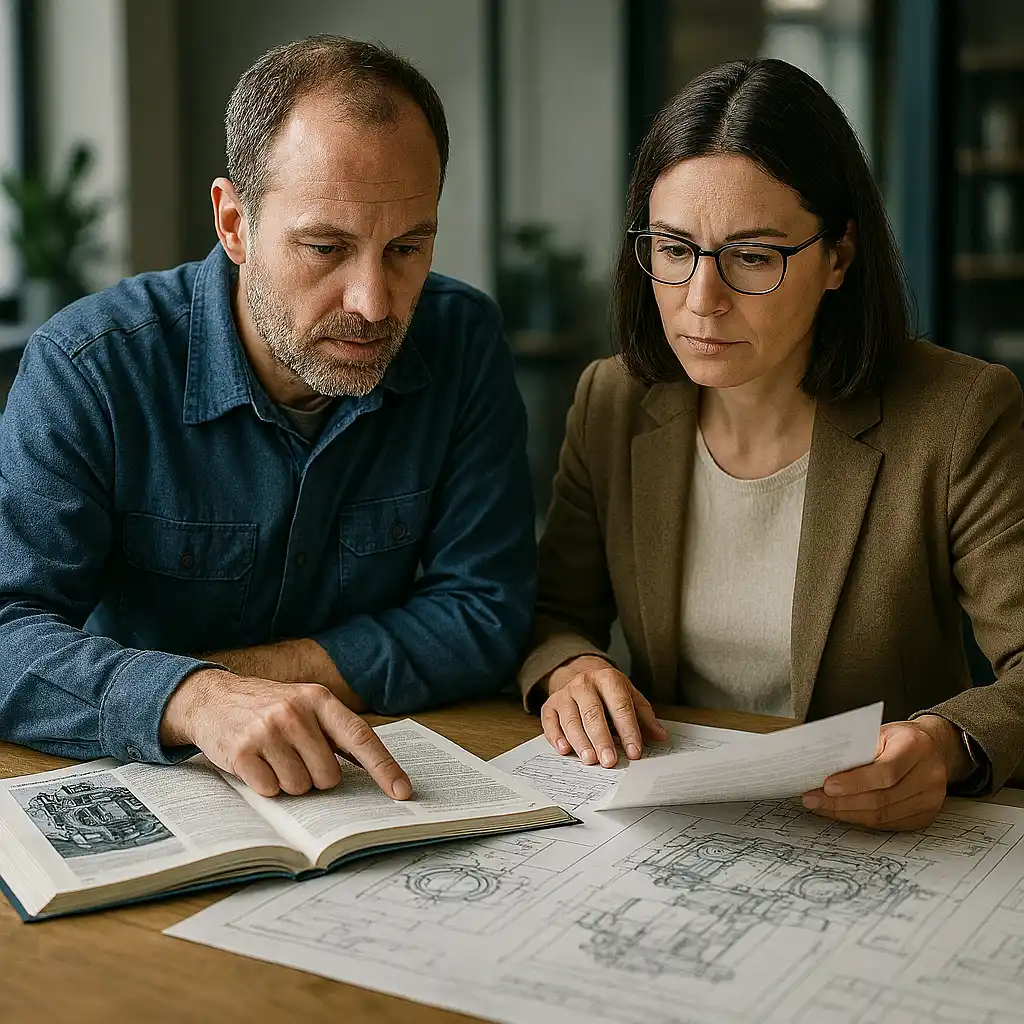 Profissional de tradução técnica analisando manuais e relatórios de engenharia industrial no Algarve.