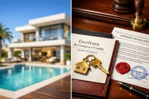 Documentos de tradução certificada e chave dourada para compra de imóvel no Algarve.