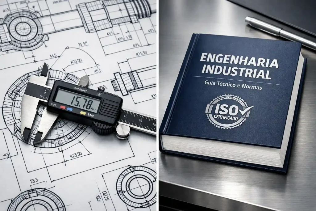 Manual técnico traduzido ao lado de projeto de engenharia mecânica.
